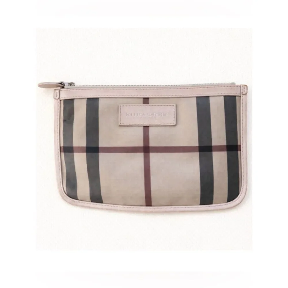 Burberry Check Canvas Zip Pouch with Leather Trim
